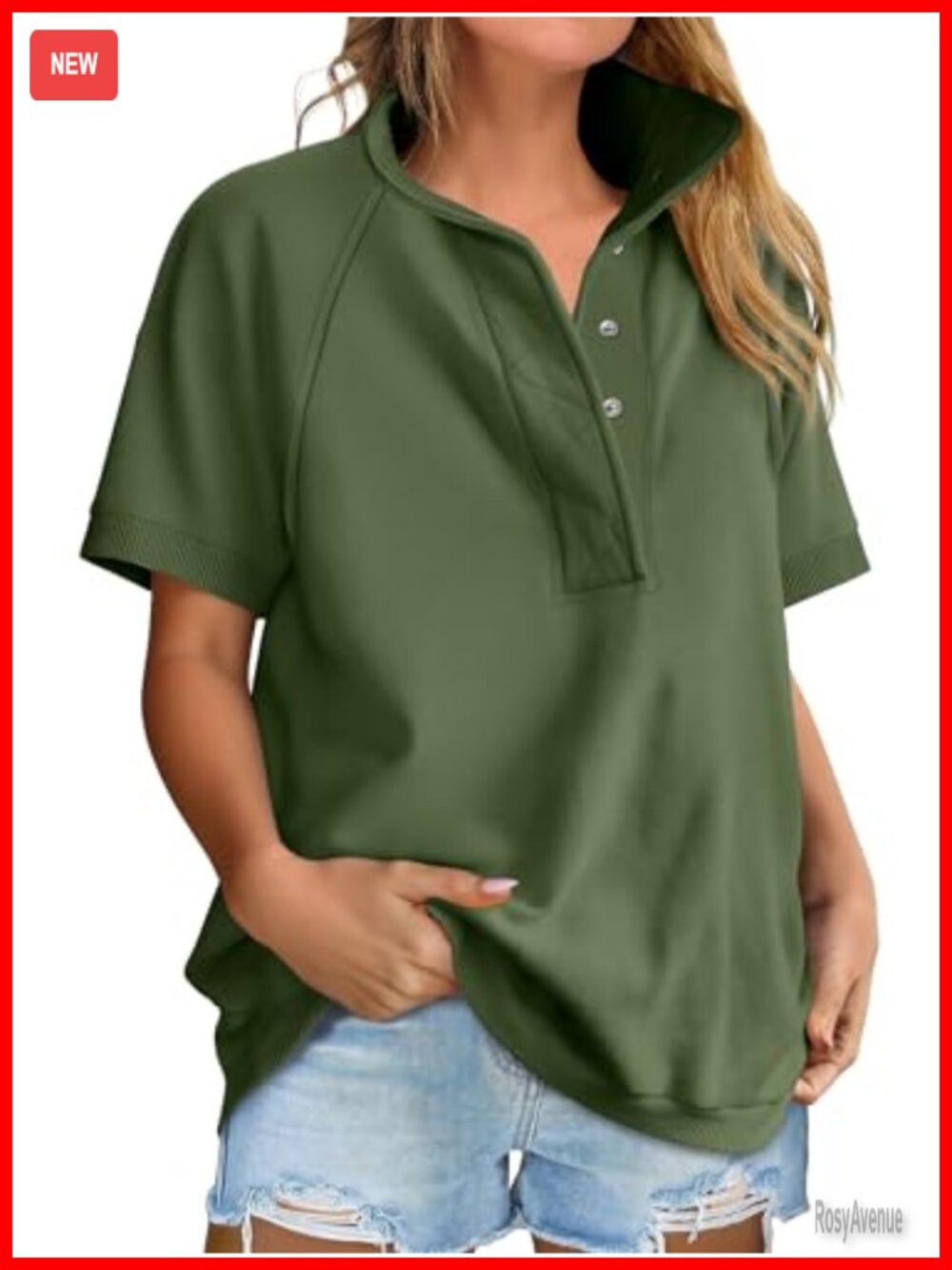 Women's Oversized Short Sleeve Polo Sweatshirt Loose Fit Henley Snap Button